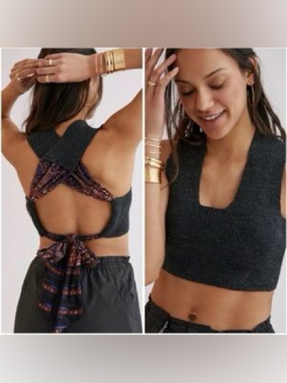 Anthropologie Charcoal Ribbed Open-Back Crop Top with Patterned Tie
